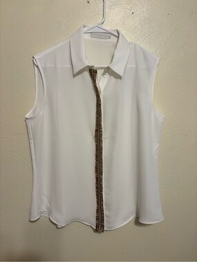 Anne Fontaine Vlad White Sleeveless Blouse Metallic Braid Trim Size 44